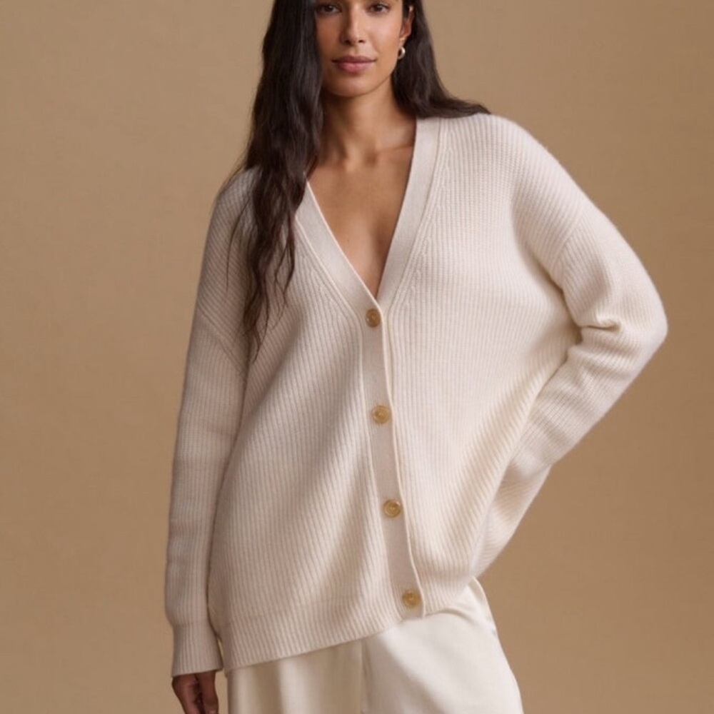 Jenni Kayne Ivory Cashmere Cocoon Cardigan Ribbed V-Neck Button Sweater